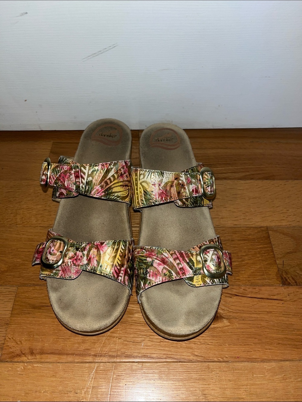 Dansko Women's Floral Double Buckle Slide Sandals - Pink, Green, Yellow